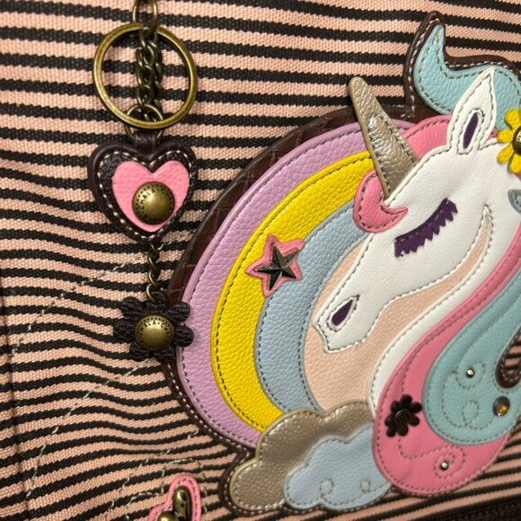 CHALA Unicorn Tote Pink& Brown Stripes Crossbody Messenger Vegan Bag Large Purse - Picture 2 of 14